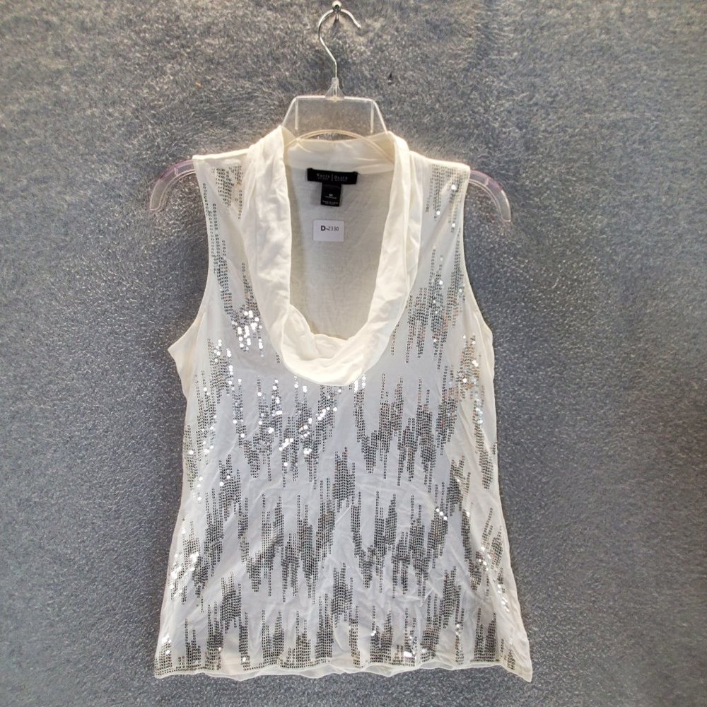 White House Black Market Women Tank Top Medium White Silver Sequins Cowl Neck